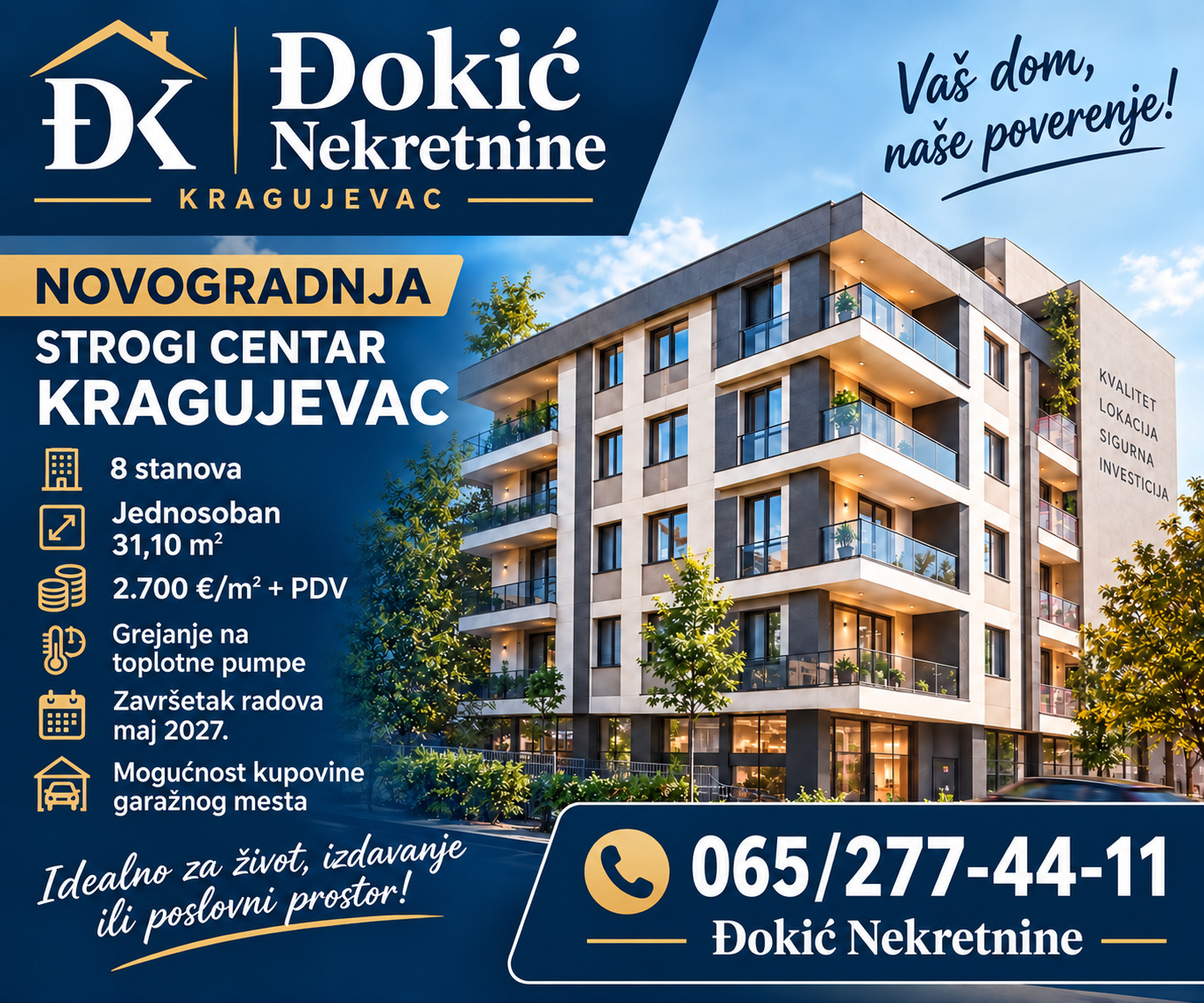 JEDNOSOBAN STAN 31,10 m2 U NOVOGRADNJI – STROGI CENTAR KRAGUJEVCA